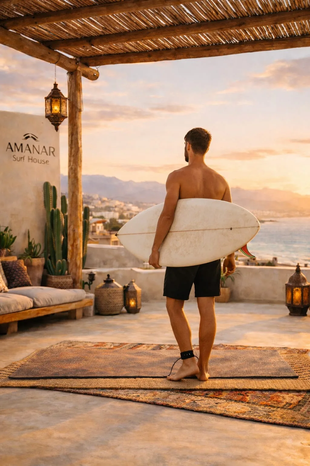 Surfer carrying a board to the Atlantic at sunset near AMANAR Surf Retreat, Tamraght